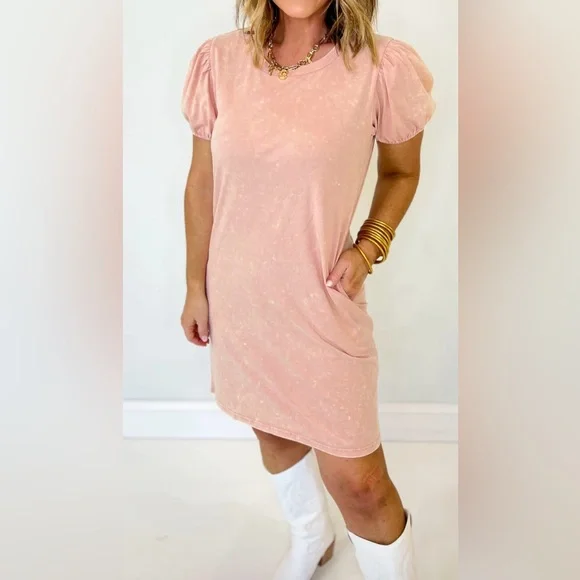 BiBi Pink Puff Sleeve Mineral Wash Dress - Picture 7 of 9